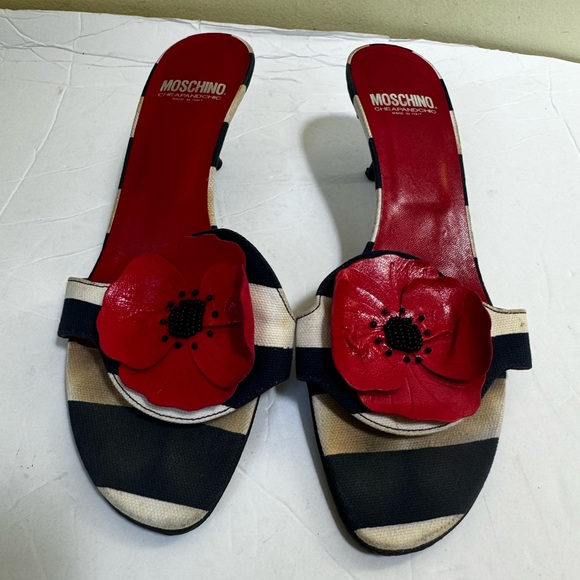 Moschino Vintage Y2K Poppy Floral Striped Kitten Heel Mules Slides Sandals Shoe - Picture 5 of 16